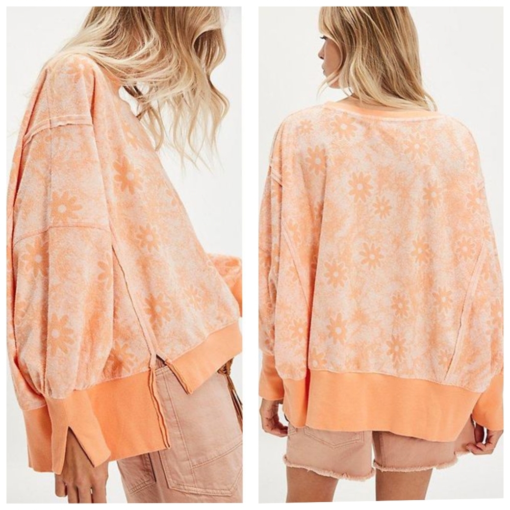 Free People Steal My Sunshine Pullover Terry Cloth Blend Orange White Large NWT - Picture 3 of 13